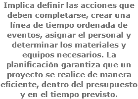 Implica definir las acciones que deben completarse, crear una línea de tiempo ordenada de eventos, asignar el personal y determinar los materiales y equipos necesarios. La planificación garantiza que un proyecto se realice de manera eficiente, dentro del presupuesto y en el tiempo previsto.